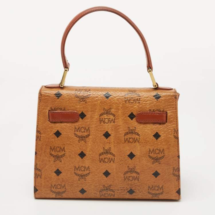 Pre Owned MCM Cognac Visetoes Coated Canvas Heritage Top Handle Bag