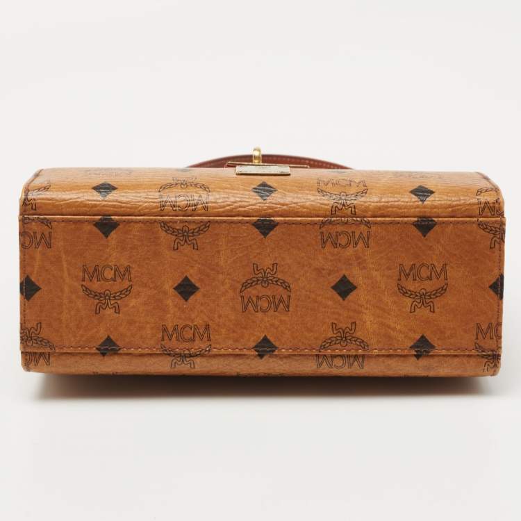 Pre Owned MCM Cognac Visetoes Coated Canvas Heritage Top Handle Bag
