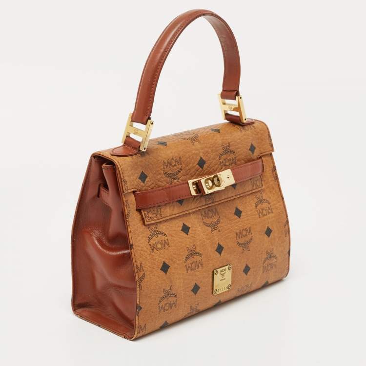 Pre Owned MCM Cognac Visetoes Coated Canvas Heritage Top Handle Bag