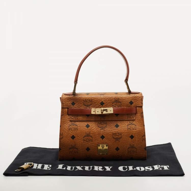 Pre Owned MCM Cognac Visetoes Coated Canvas Heritage Top Handle Bag