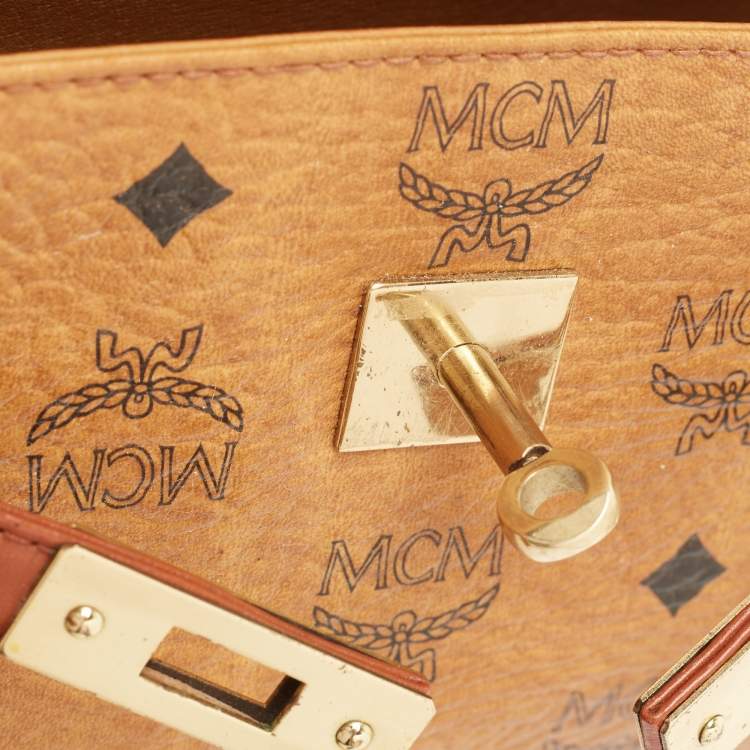 Pre Owned MCM Cognac Visetoes Coated Canvas Heritage Top Handle Bag