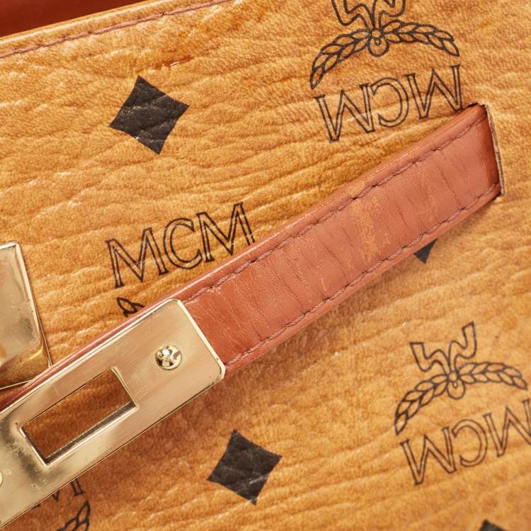 Pre Owned MCM Cognac Visetoes Coated Canvas Heritage Top Handle Bag