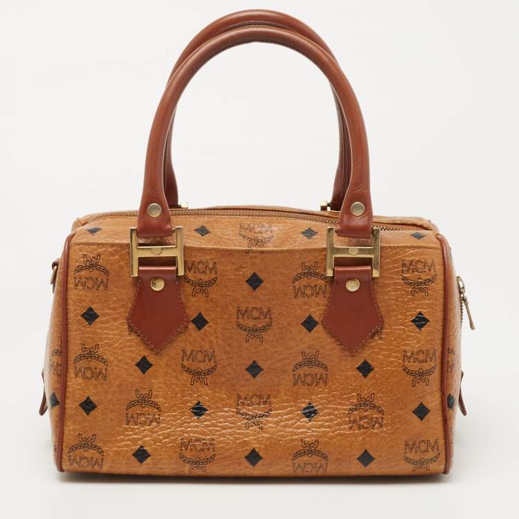 Pre Owned MCM Cognac Visetos Coated Canvas Boston Bag