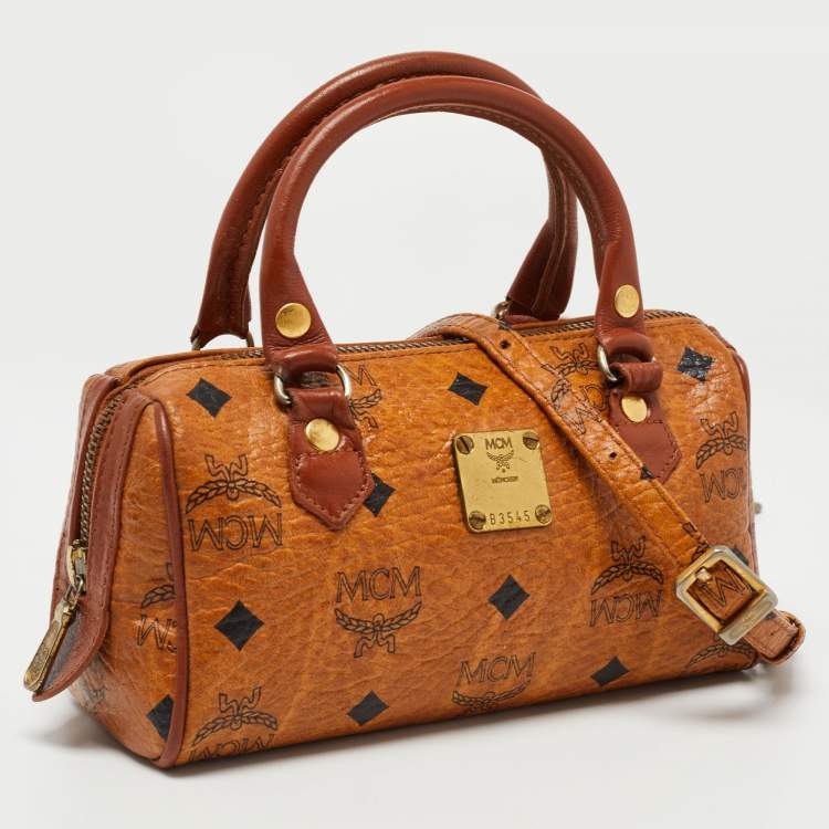 Pre Owned MCM Cognac Visetos Coated Canvas Mini Boston Crossbody  Bag