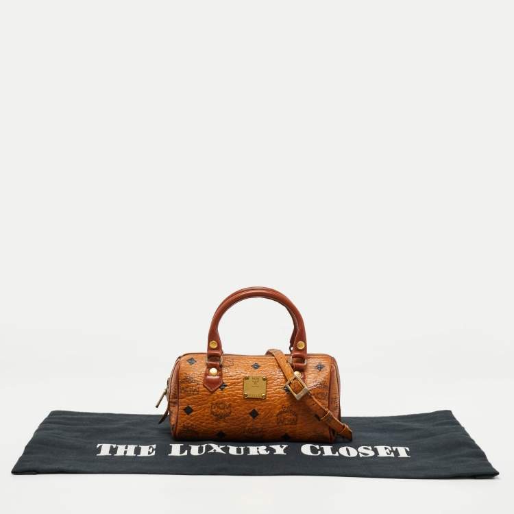 Pre Owned MCM Cognac Visetos Coated Canvas Mini Boston Crossbody  Bag