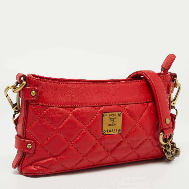 Pre Owned MCM Red Quilted Leather Chain Shoulder Bag