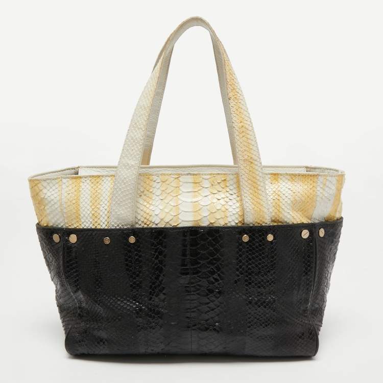 Pre Owned MCM Yellow/Black Python Embossed Leather Zip Tote