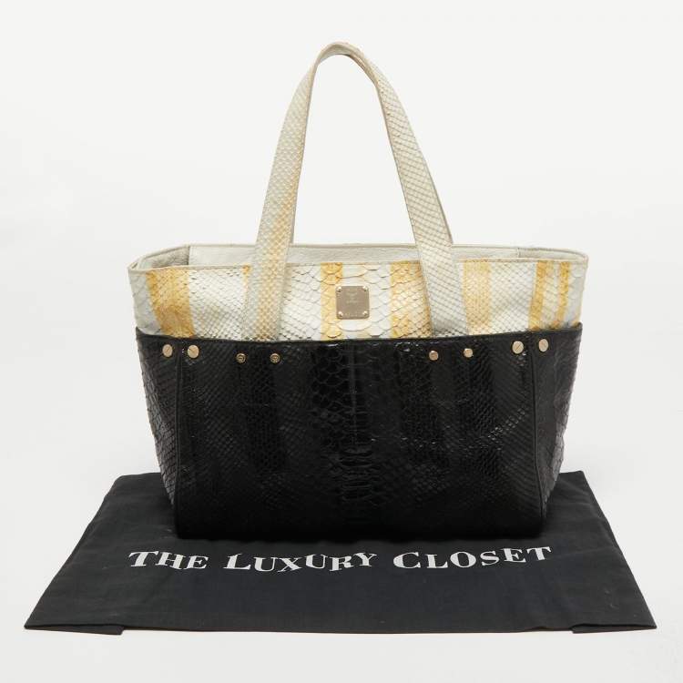 Pre Owned MCM Yellow/Black Python Embossed Leather Zip Tote