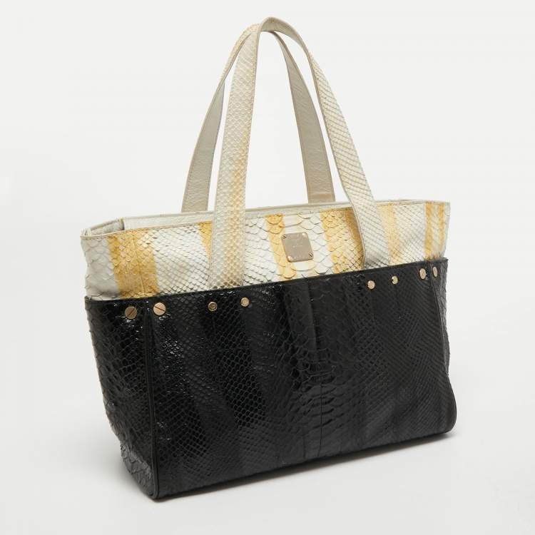 Pre Owned MCM Yellow/Black Python Embossed Leather Zip Tote