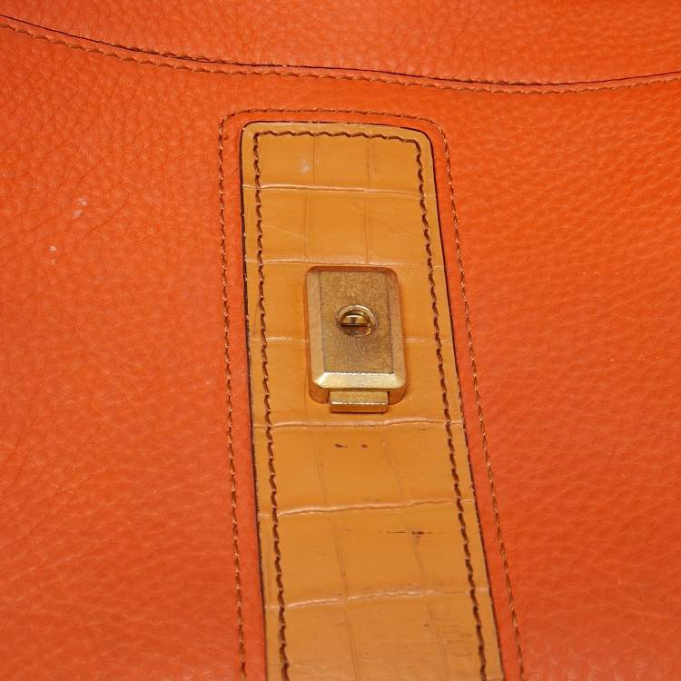Pre Owned MCM Orange/Pink Croc Embossed and Leather Buckle Flap Top Handle Bag