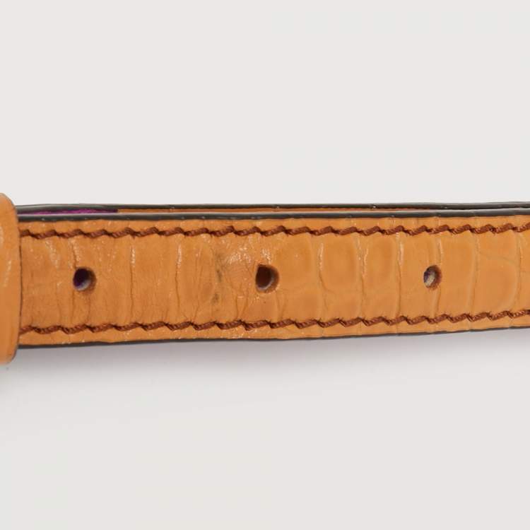 Pre Owned MCM Orange/Pink Croc Embossed and Leather Buckle Flap Top Handle Bag