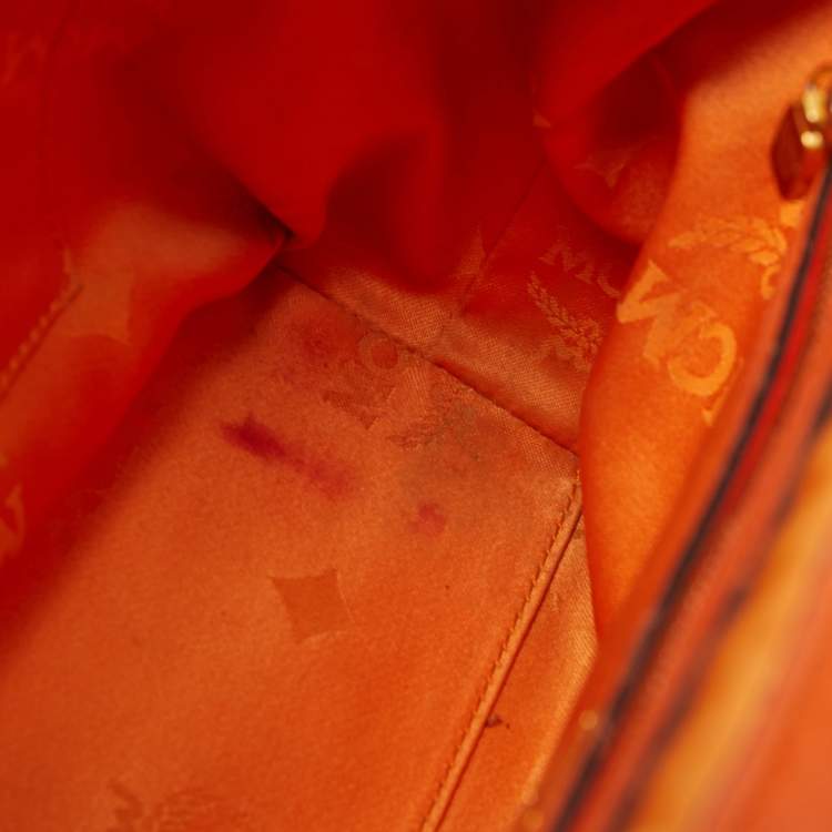 Pre Owned MCM Orange/Pink Croc Embossed and Leather Buckle Flap Top Handle Bag