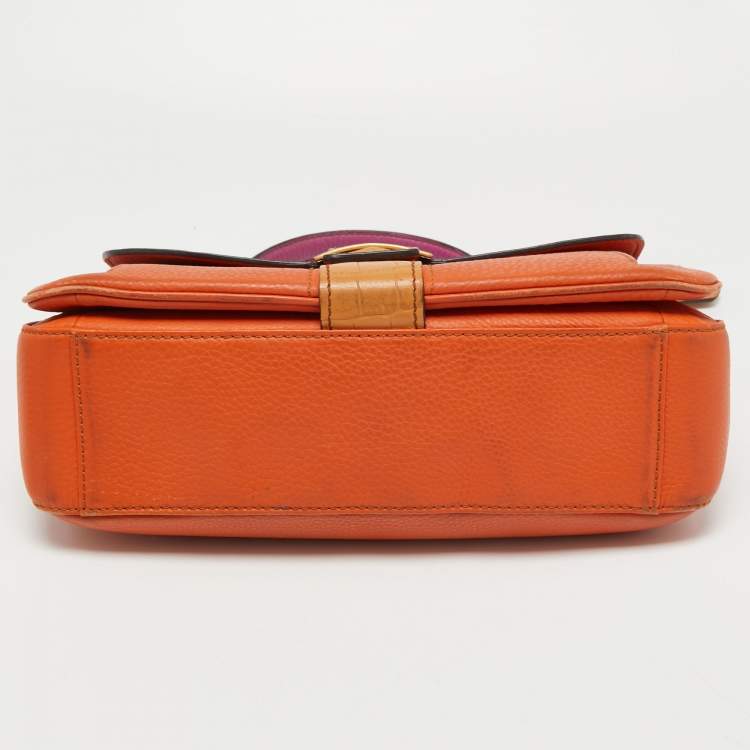 Pre Owned MCM Orange/Pink Croc Embossed and Leather Buckle Flap Top Handle Bag
