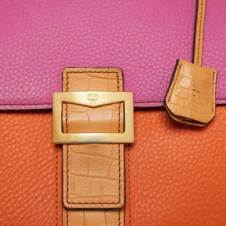 Pre Owned MCM Orange/Pink Croc Embossed and Leather Buckle Flap Top Handle Bag