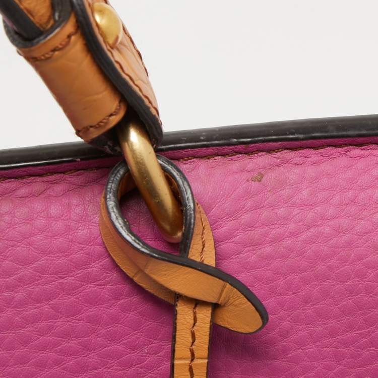 Pre Owned MCM Orange/Pink Croc Embossed and Leather Buckle Flap Top Handle Bag