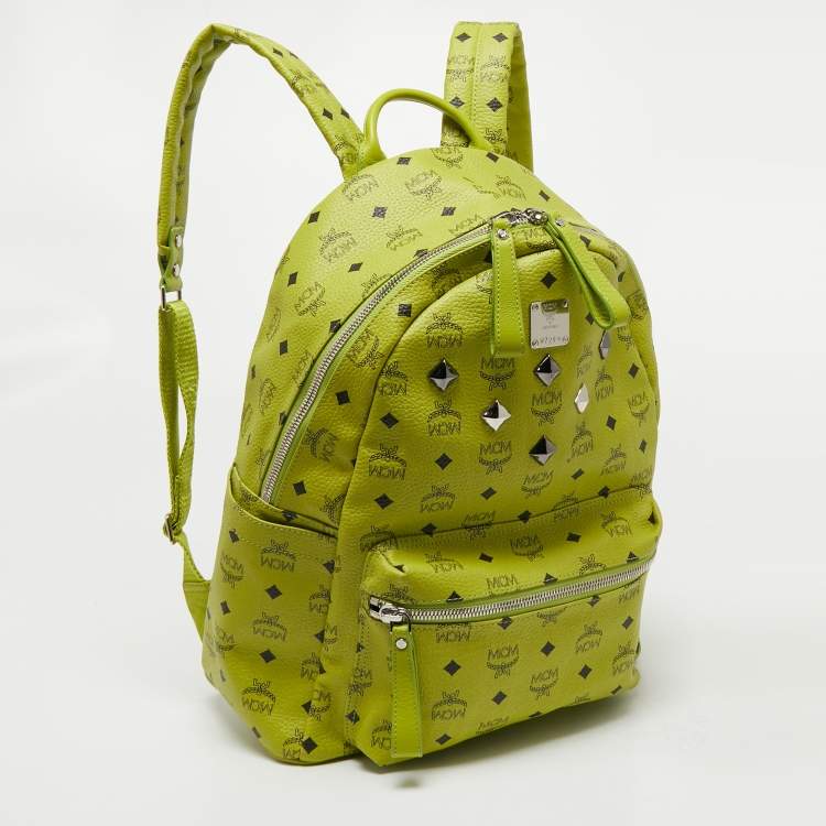 Pre Owned MCM Neon Green Visetos Coated Canvas and Leather Large Stark Backpack