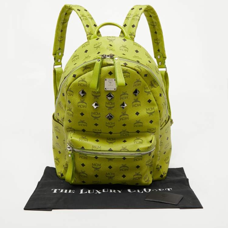 Pre Owned MCM Neon Green Visetos Coated Canvas and Leather Large Stark Backpack
