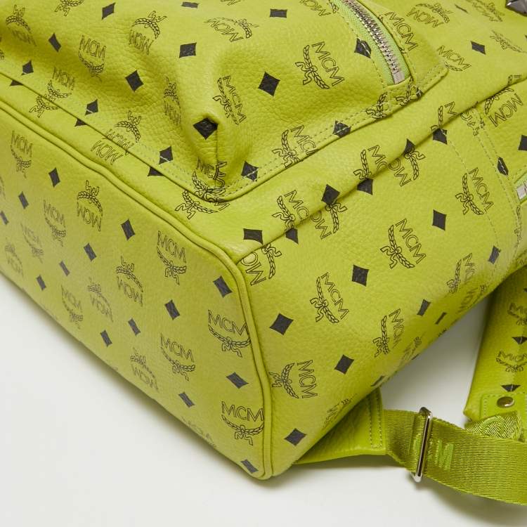 Pre Owned MCM Neon Green Visetos Coated Canvas and Leather Large Stark Backpack