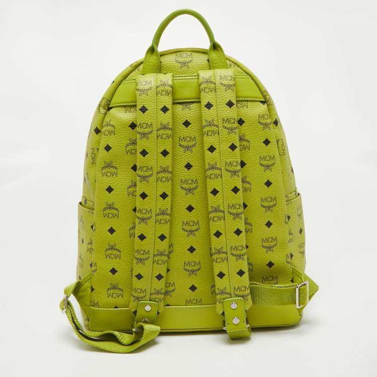 Pre Owned MCM Neon Green Visetos Coated Canvas and Leather Large Stark Backpack
