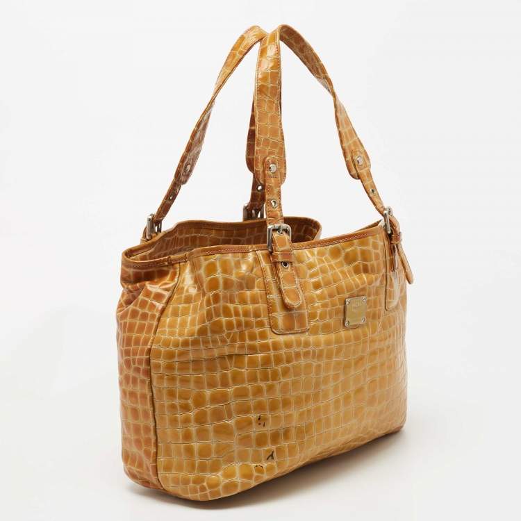 Pre Owned MCM Yellow Croc Embossed Patent Leather Shopper Tote