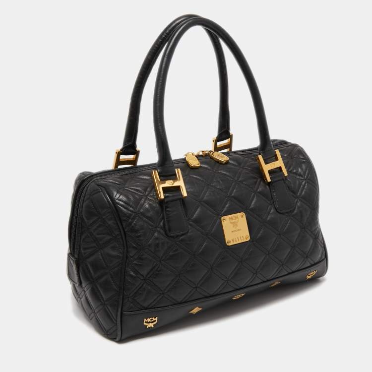 Pre Owned MCM Black Quilted Leather Embellished Boston Bag