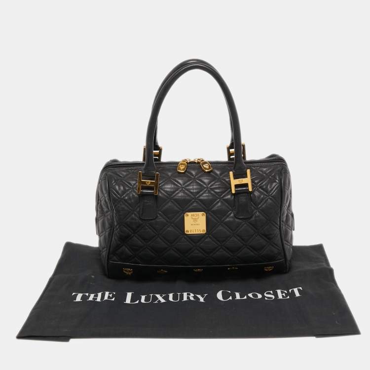 Pre Owned MCM Black Quilted Leather Embellished Boston Bag