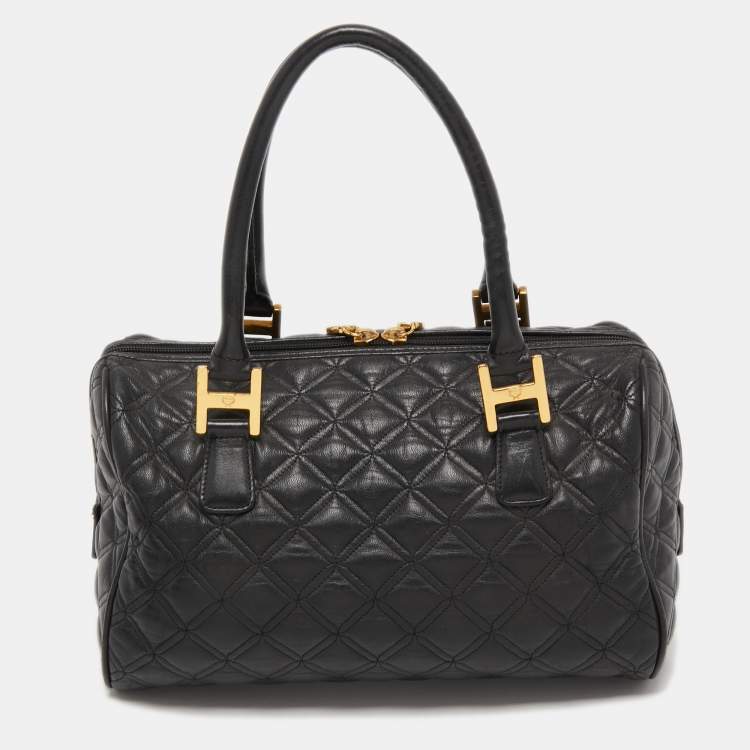 Pre Owned MCM Black Quilted Leather Embellished Boston Bag