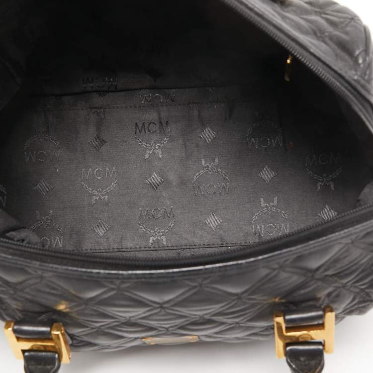 Pre Owned MCM Black Quilted Leather Embellished Boston Bag