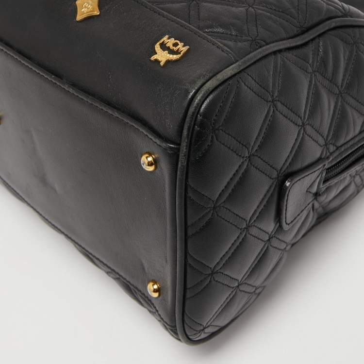 Pre Owned MCM Black Quilted Leather Embellished Boston Bag