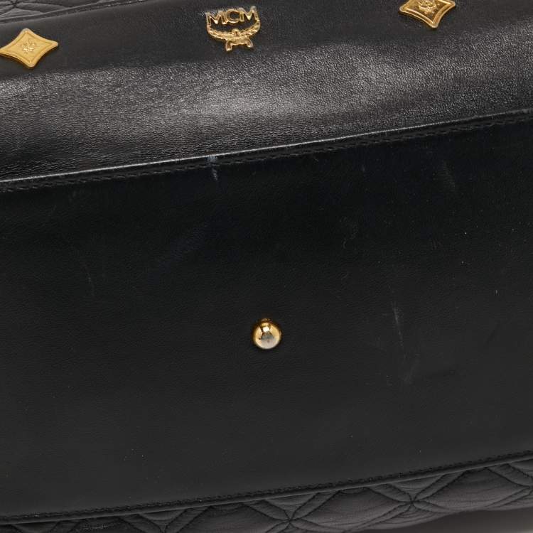 Pre Owned MCM Black Quilted Leather Embellished Boston Bag