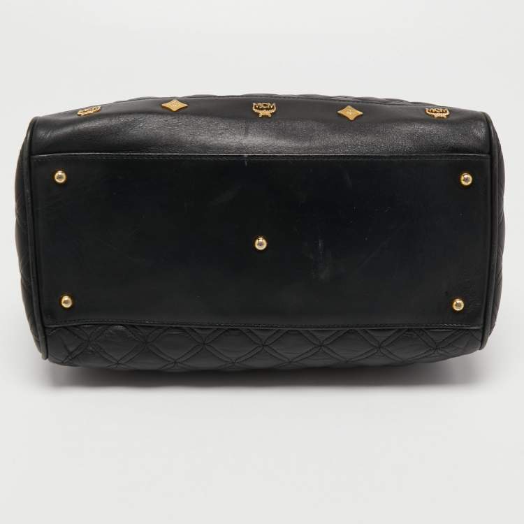 Pre Owned MCM Black Quilted Leather Embellished Boston Bag