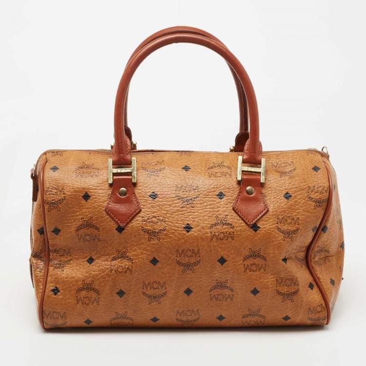 Pre Owned MCM Cognac Visetos Coated Canvas Heritage Boston Bag