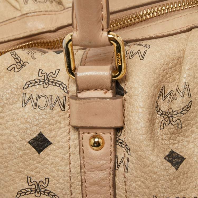 Pre Owned MCM Cognac Visetos Coated Canvas and Leather Boston Bag