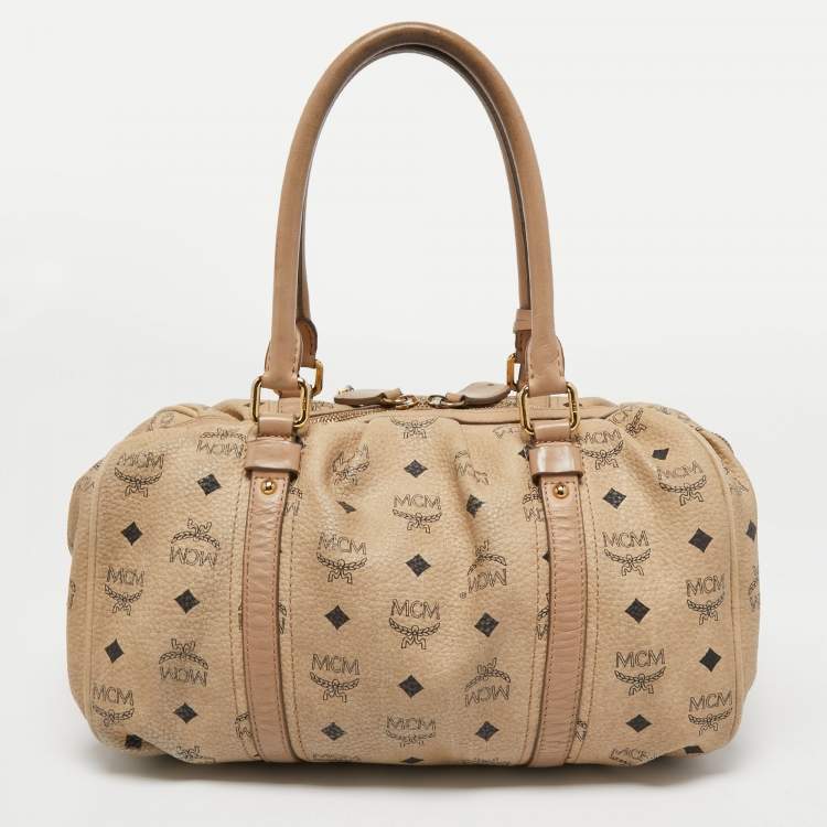 Pre Owned MCM Cognac Visetos Coated Canvas and Leather Boston Bag