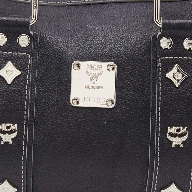 Pre Owned MCM Black Leather Logo Motifs Studded Satchel