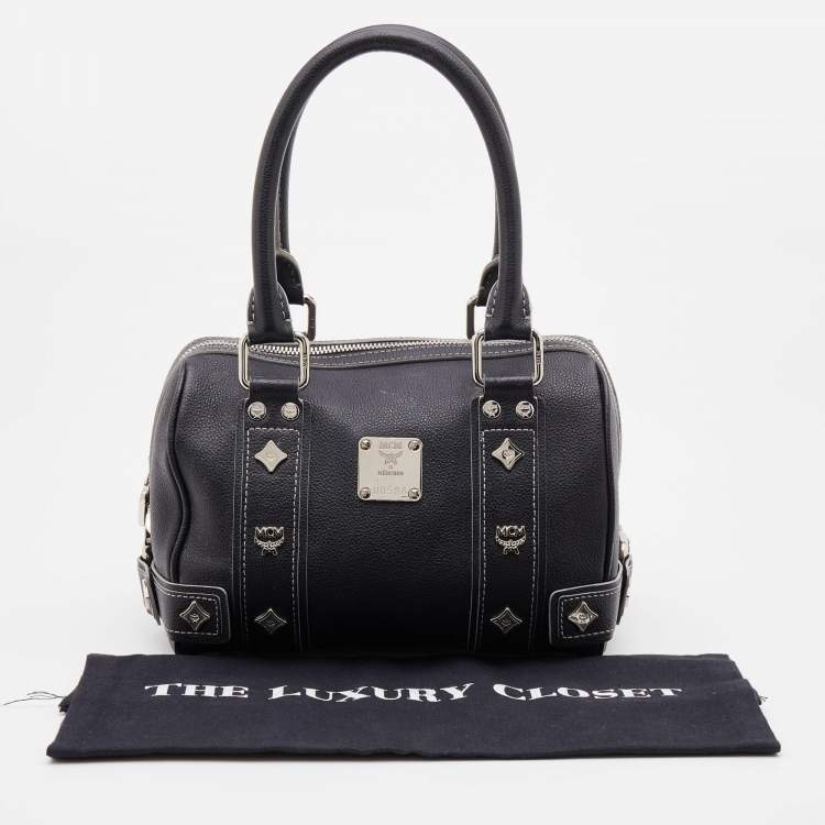 Pre Owned MCM Black Leather Logo Motifs Studded Satchel