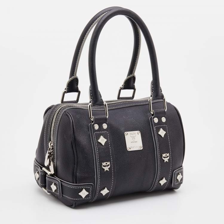 Pre Owned MCM Black Leather Logo Motifs Studded Satchel