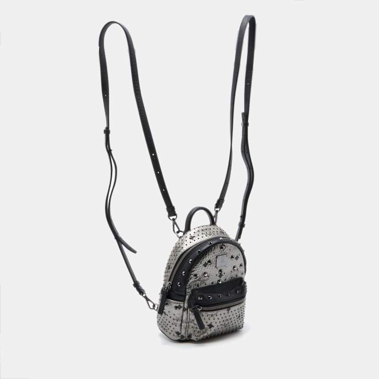 Pre Owned MCM Metallic Grey Coated Canvas Mini Visetos Stark Studded Backpack