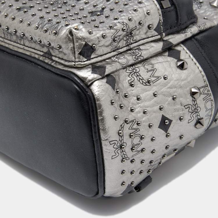 Pre Owned MCM Metallic Grey Coated Canvas Mini Visetos Stark Studded Backpack