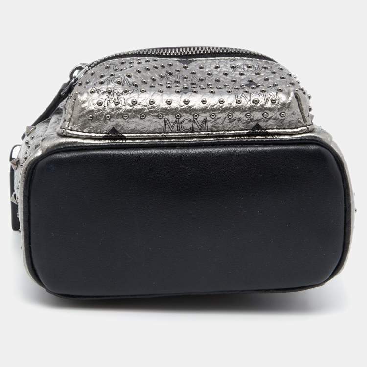 Pre Owned MCM Metallic Grey Coated Canvas Mini Visetos Stark Studded Backpack