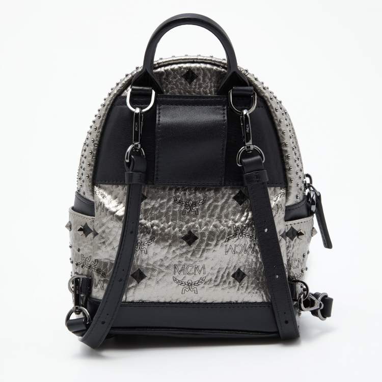 Pre Owned MCM Metallic Grey Coated Canvas Mini Visetos Stark Studded Backpack