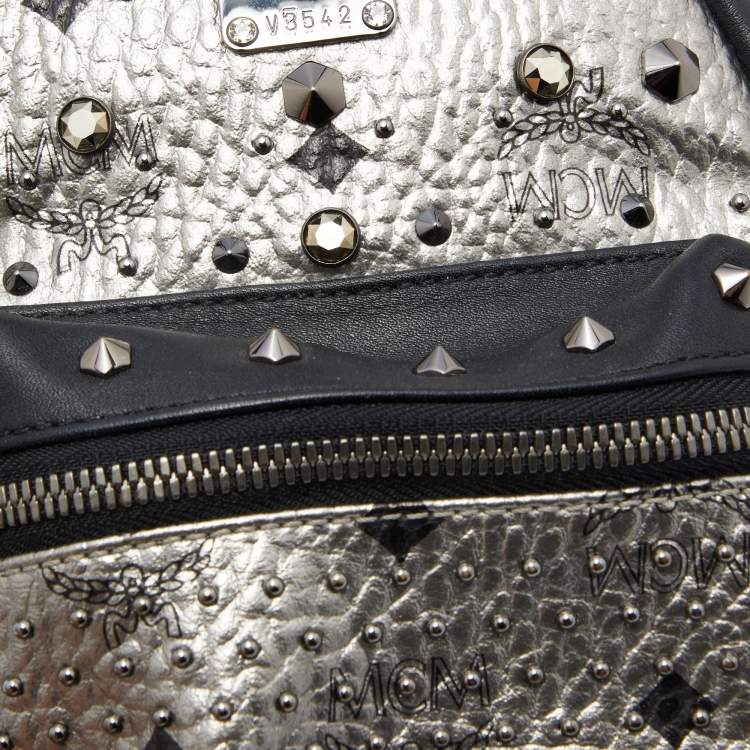Pre Owned MCM Metallic Grey Coated Canvas Mini Visetos Stark Studded Backpack
