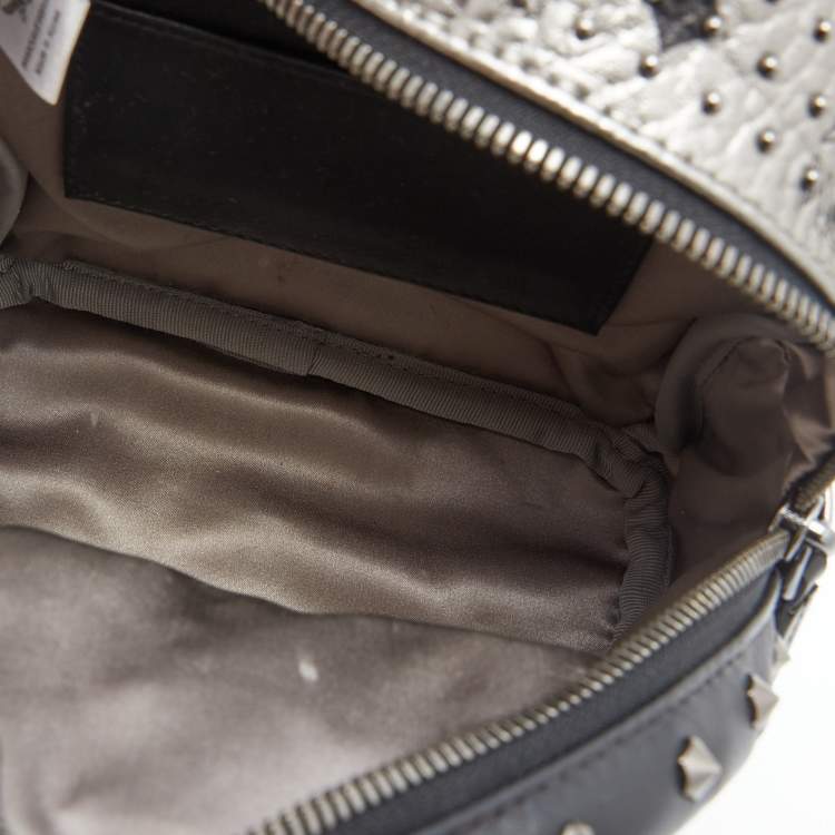 Pre Owned MCM Metallic Grey Coated Canvas Mini Visetos Stark Studded Backpack