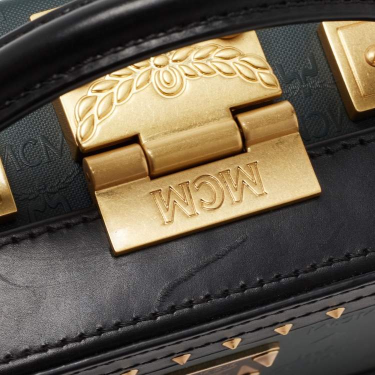 Pre Owned MCM Black/Green Visetos Coated Canvas and Leather Berlin Box Bag