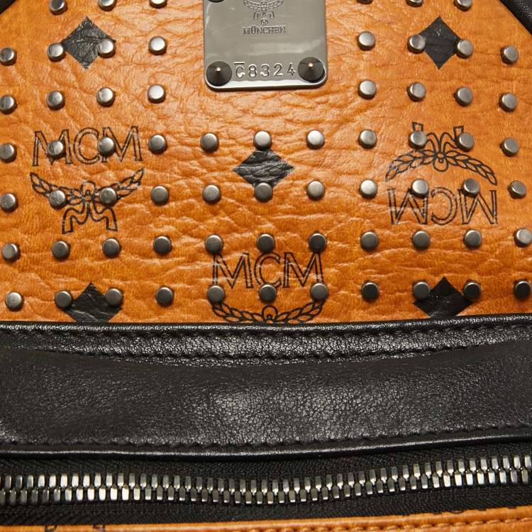 Pre Owned MCM Cognac/Black Visetos Coated Canvas and Leather Studded Backpack