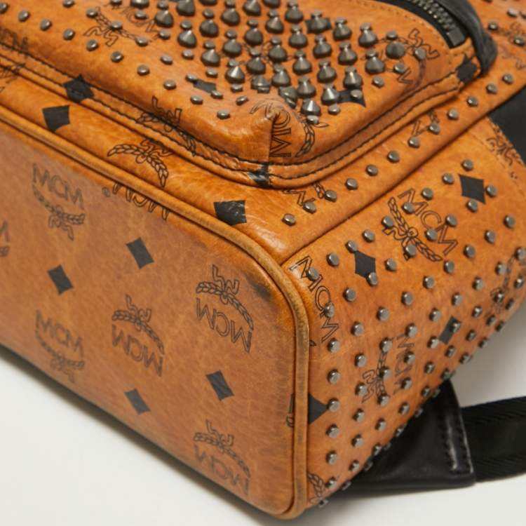 Pre Owned MCM Cognac/Black Visetos Coated Canvas and Leather Studded Backpack