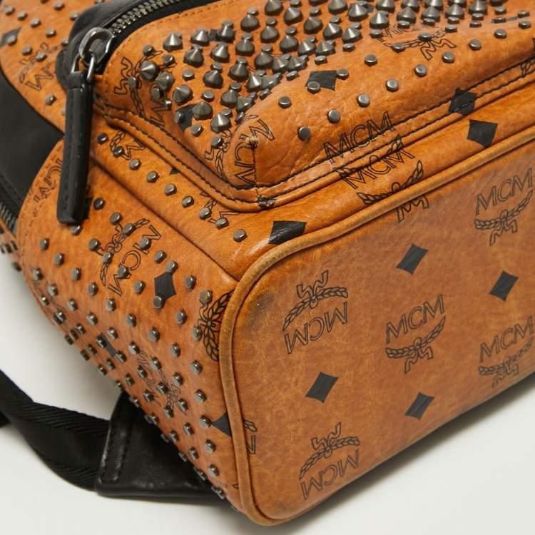 Pre Owned MCM Cognac/Black Visetos Coated Canvas and Leather Studded Backpack