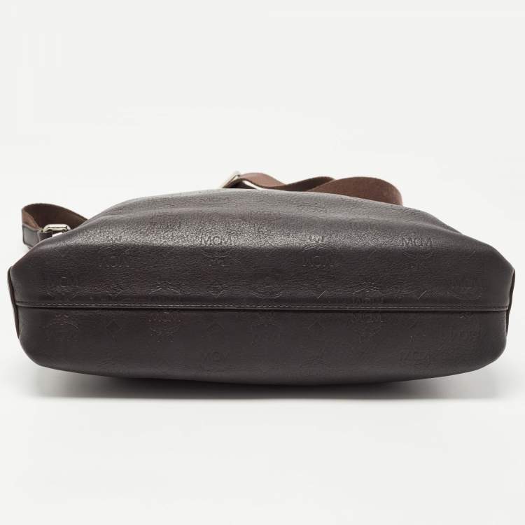 Pre Owned MCM Dark Brown Logo Embossed Leather Messenger Bag
