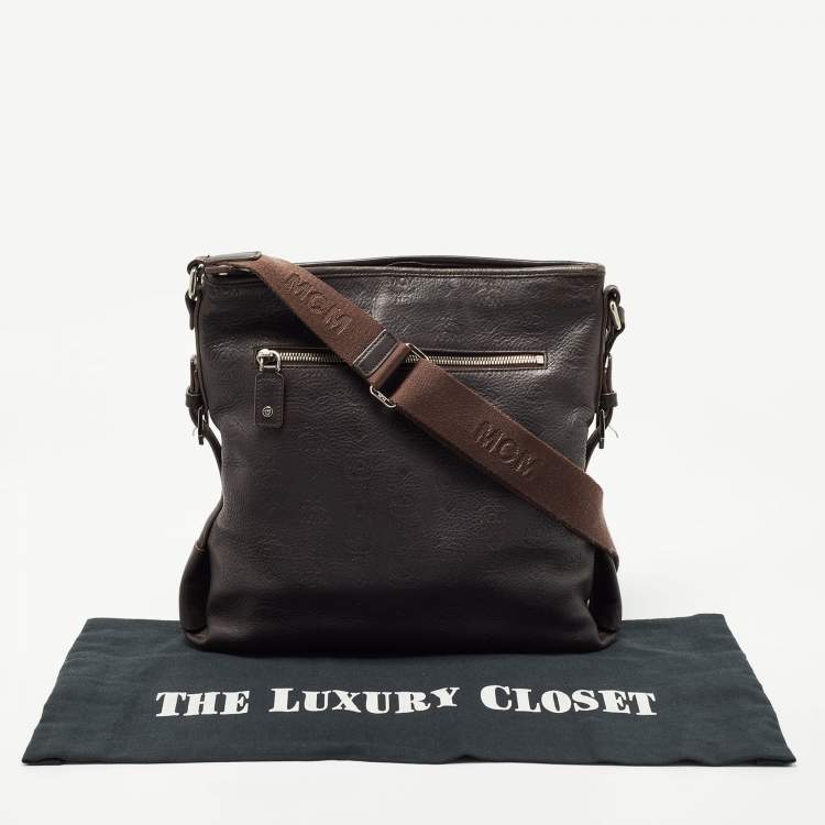 Pre Owned MCM Dark Brown Logo Embossed Leather Messenger Bag