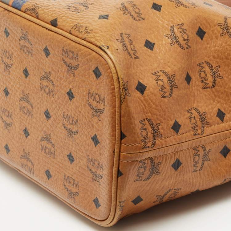 Pre Owned MCM Tan Visetos Coated Canvas Striped Shopper Tote
